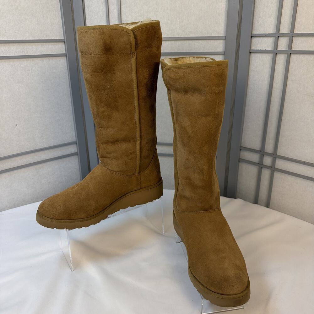 UGG Kara Chestnut Slim Wedge Suede Shearling Lined Tall Boots - Size 9